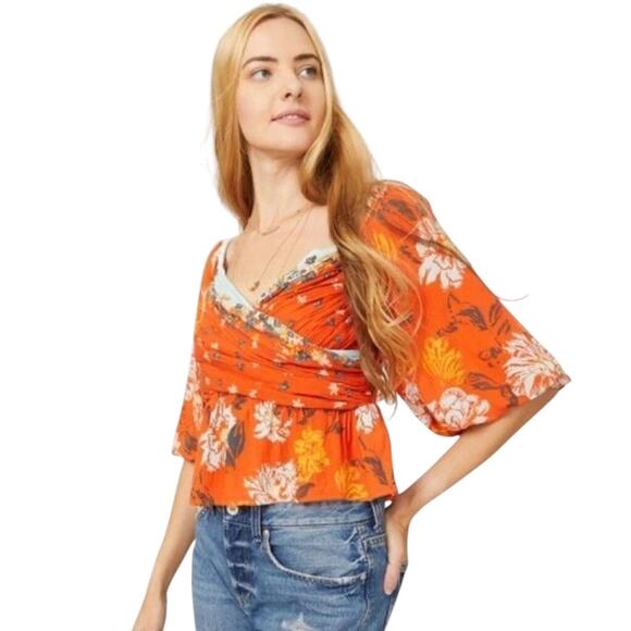 Free People Tops - Free People Mirabella Orange Floral Print Puff Sleeve Crop Top Ruffle Size XS